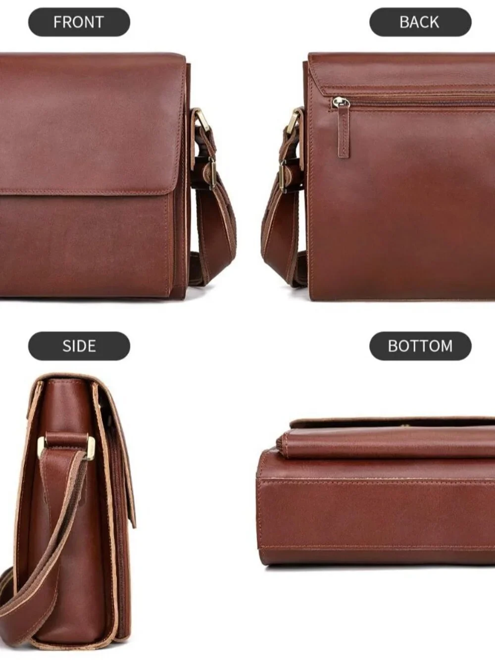 Men's Brown Red Genuine Leather Crossbody Travel Metal Zipper Messenger Hand Bag